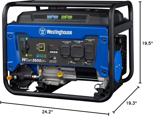 Westinghouse 4650 Peak Watt Dual Fuel Portable Generator, RV Ready 30A Outlet, Gas & Propane Powered